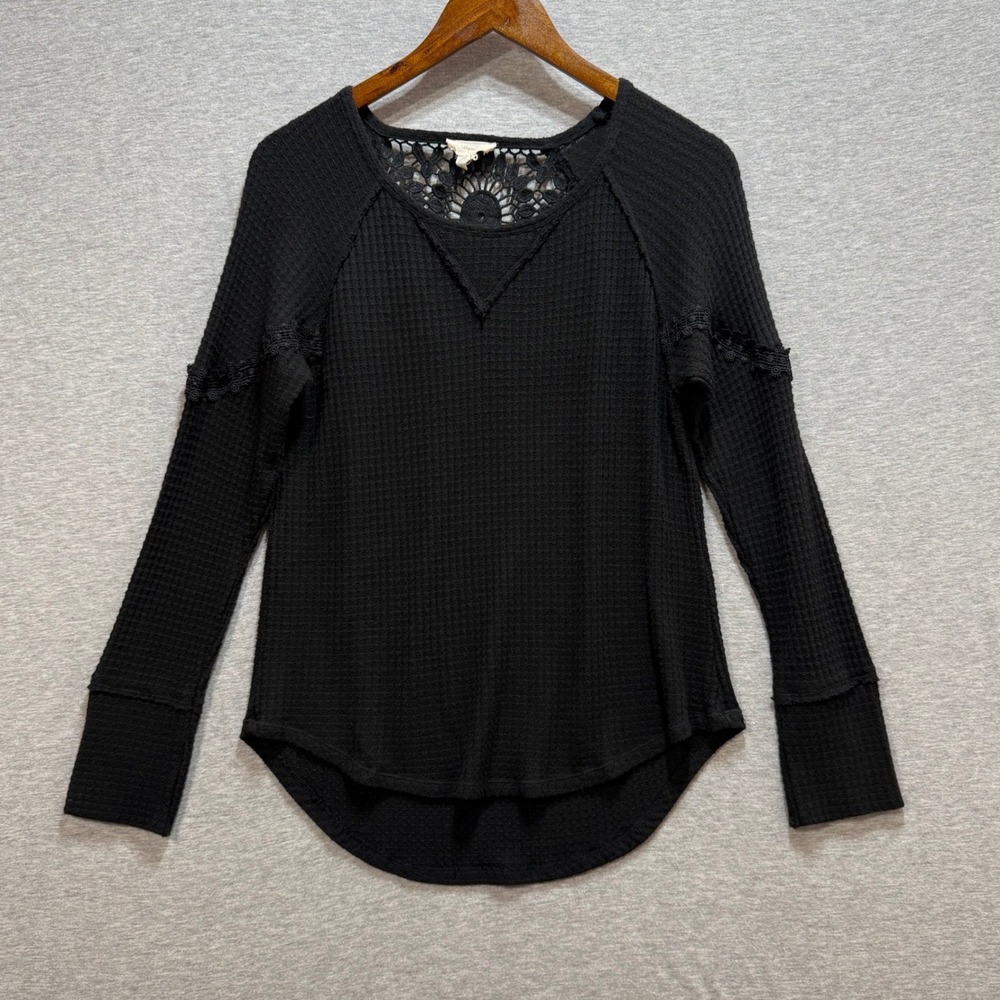 Cupio Waffle Knit Top Womens Small Black Crochet Lace Back Boho Thermal Gothic